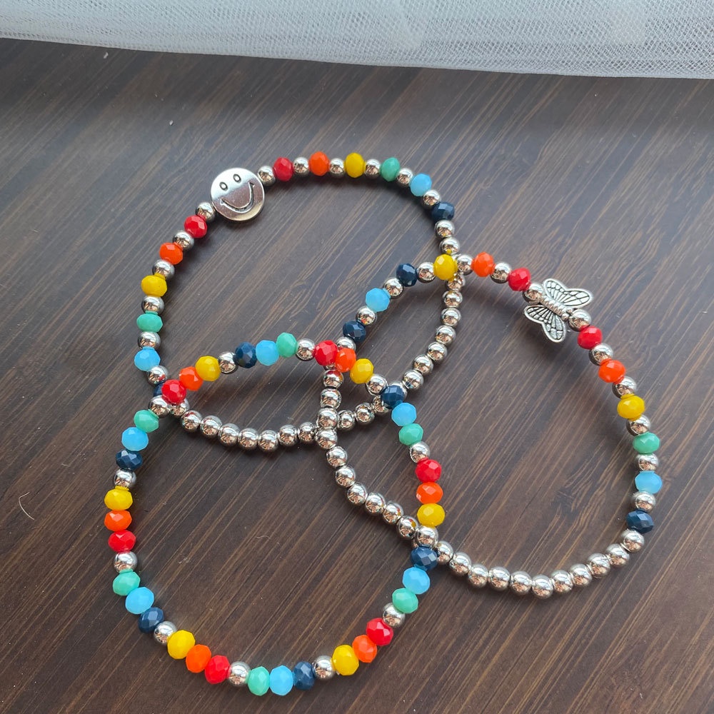 สร้อยข้อมือสร้อยข้อมือแหวนสร้อยข้อมือลูกปัดสีหน้ายิ้มสไตล์วินเทจ Boho