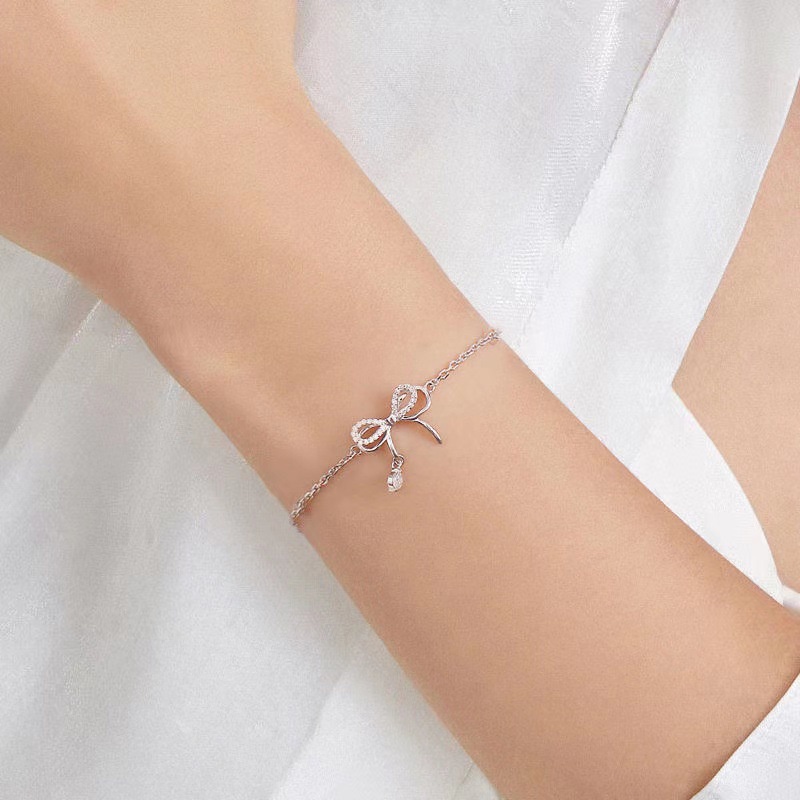 สร้อยคอ สร้อยข้อมือ จี้โบว์ ประดับเพชร สไตล์เกาหลี สําหรับผู้หญิง