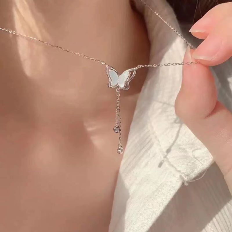 สร้อยคอแฟชั่นเกาหลี อัลลอย สีขาว นางฟ้า ผีเสื้อ เสริมความแข็งแรง สําหรับผู้หญิง
