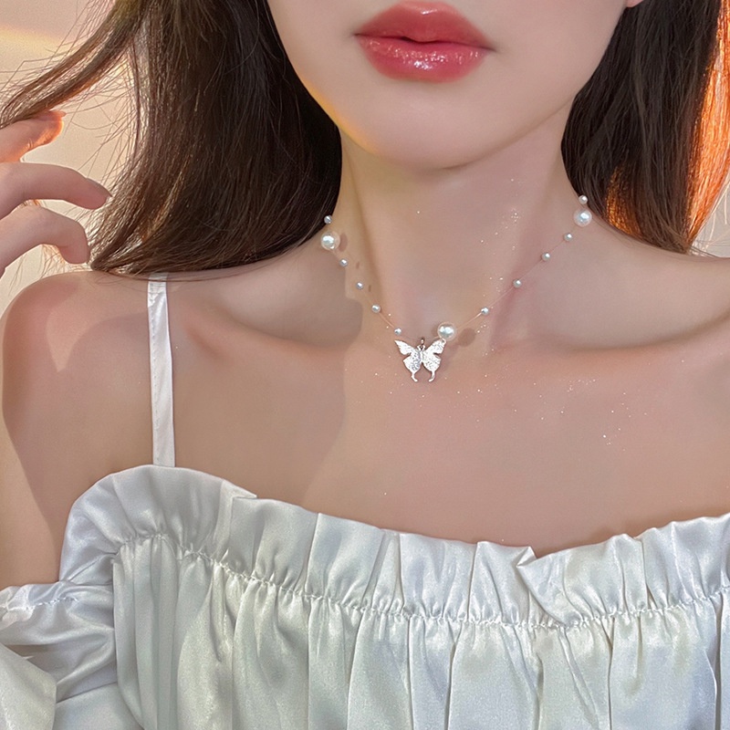 สร้อยคอโซ่ จี้ผีเสื้อ ประดับไข่มุก หรูหรา แบบเรียบง่าย สไตล์เกาหลี 2023