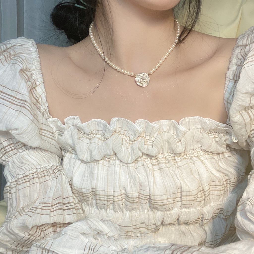สร้อยคอโซ่ จี้ไข่มุก ดอกคามิเลีย หรูหรา สไตล์เกาหลีใต้ สําหรับผู้หญิง สร้อยไข่มุก