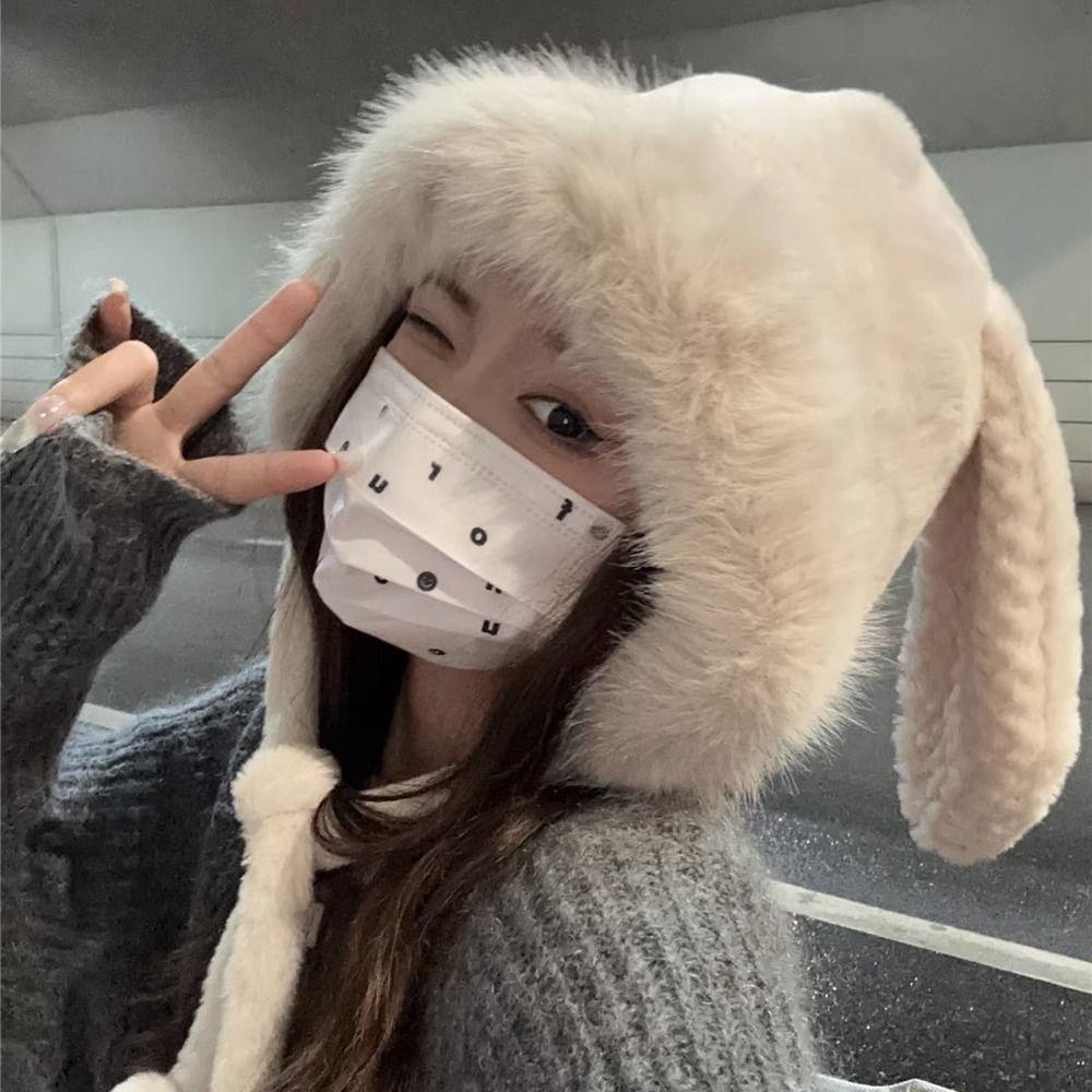 หมวกบักเก็ต ผ้าวูล แต่งหูกระต่าย ขนาดใหญ่ ให้ความอบอุ่น แฟชั่นฤดูหนาว สําหรับผู้หญิง