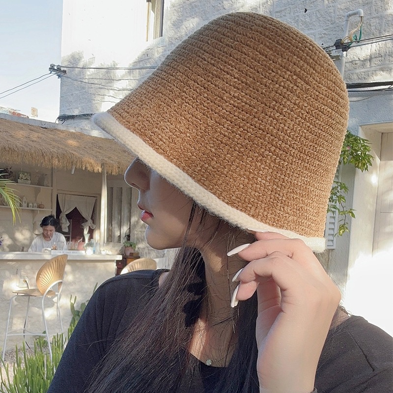 หมวกบักเก็ต หมวกไหมพรม มีขอบสี ทรงสวย สไตล์เกาหลี