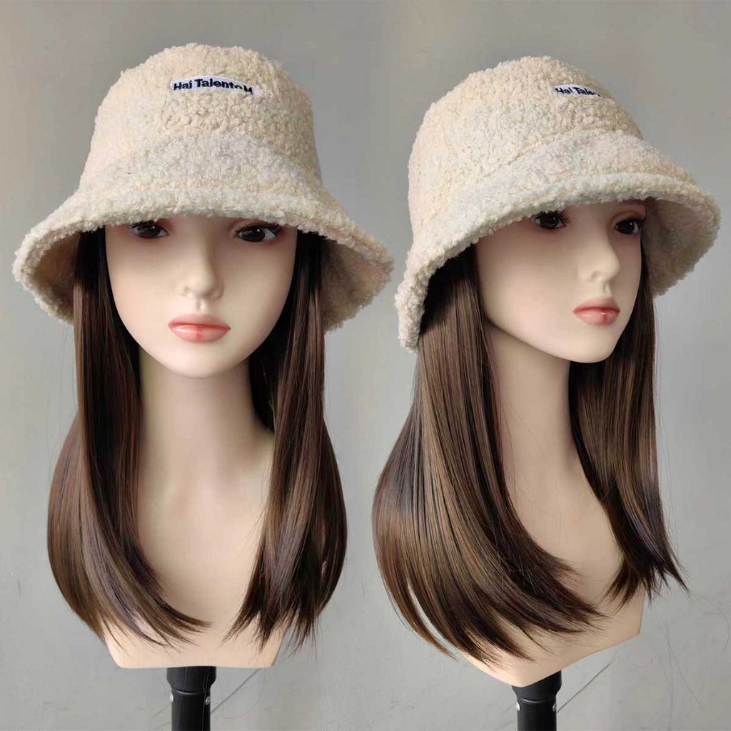 หมวกวิกผมกากี ผมยาวตรง 30cm ผมสีน้ำตาลเย็น ถอดไม่ได้ สวมใส่ง่าย