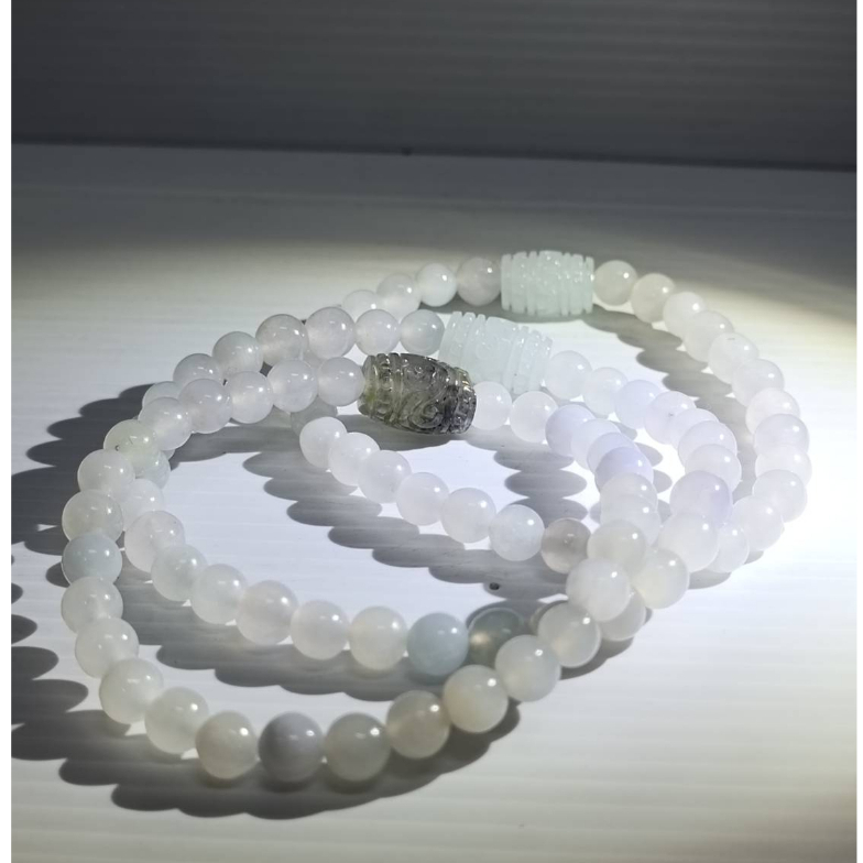 หยก หยกพม่า สร้อยข้อมือหยกสีขาวคั่นถังเบียร์แกะสลัก 6.3 mm