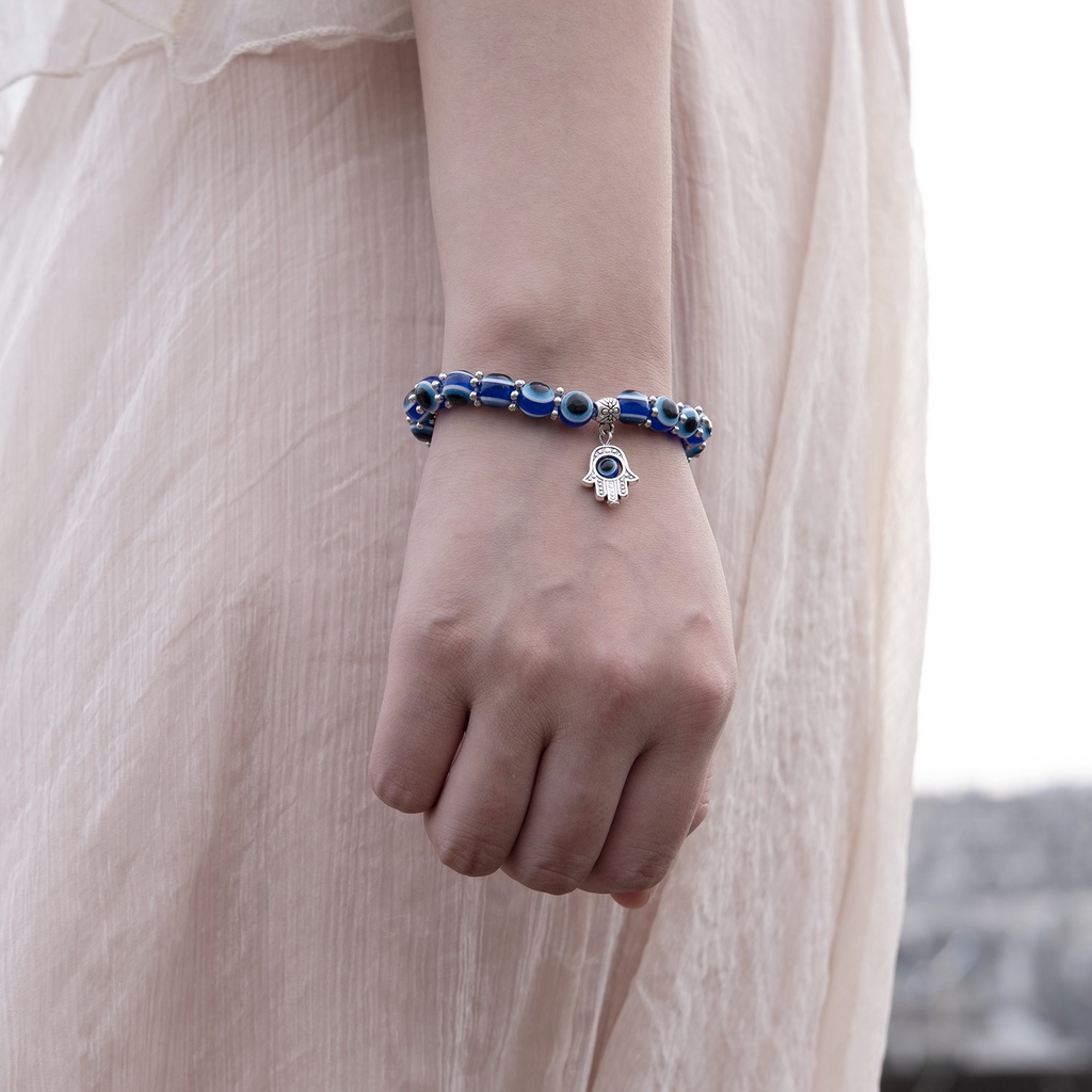 เครื่องประดับ สร้อยคอ สร้อยข้อมือเงิน จี้ตาปีศาจ สีฟ้า สไตล์วินเทจ สําหรับผู้หญิง