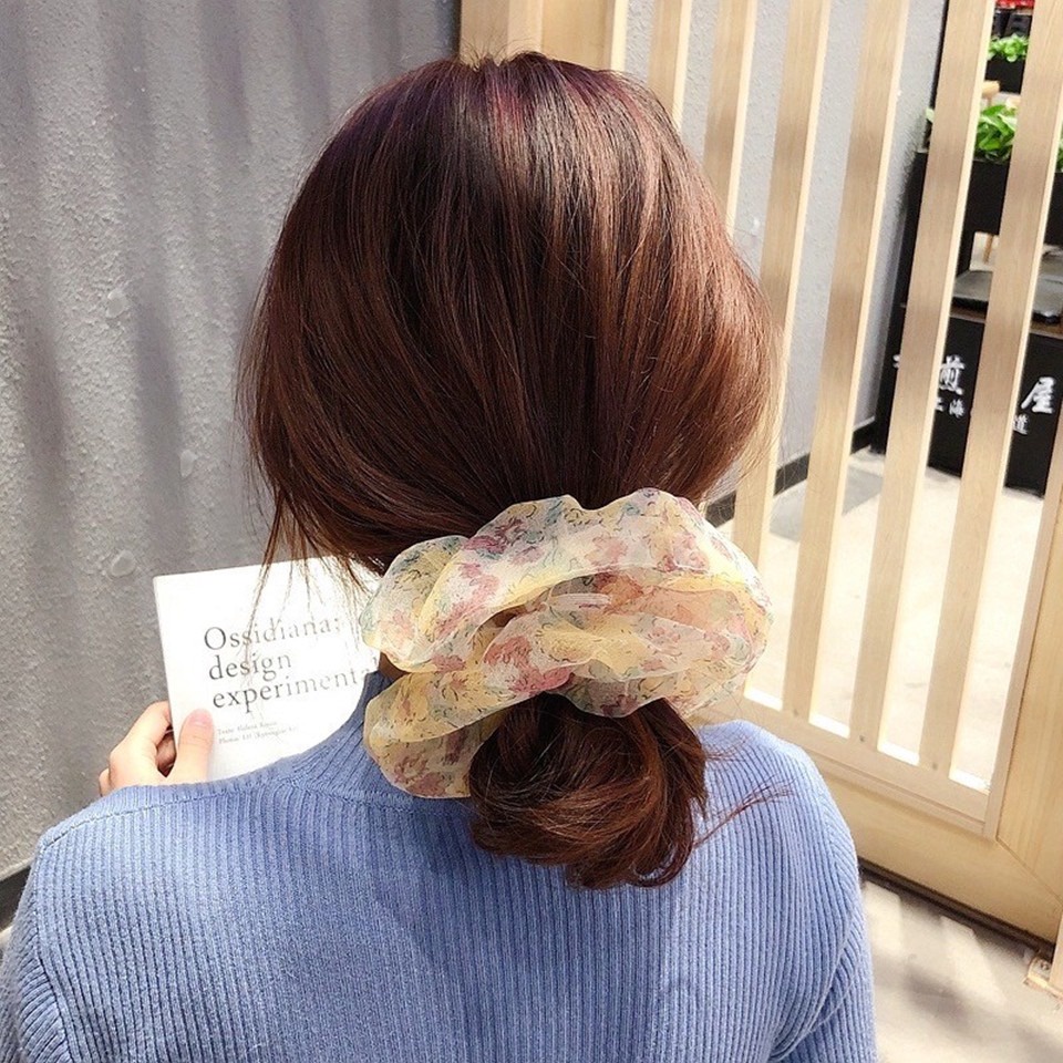 ↬ โดนัทมัดผม Floral Print ผ้าชีฟอง ลายดอกไม้ น่ารักมาก มาก
