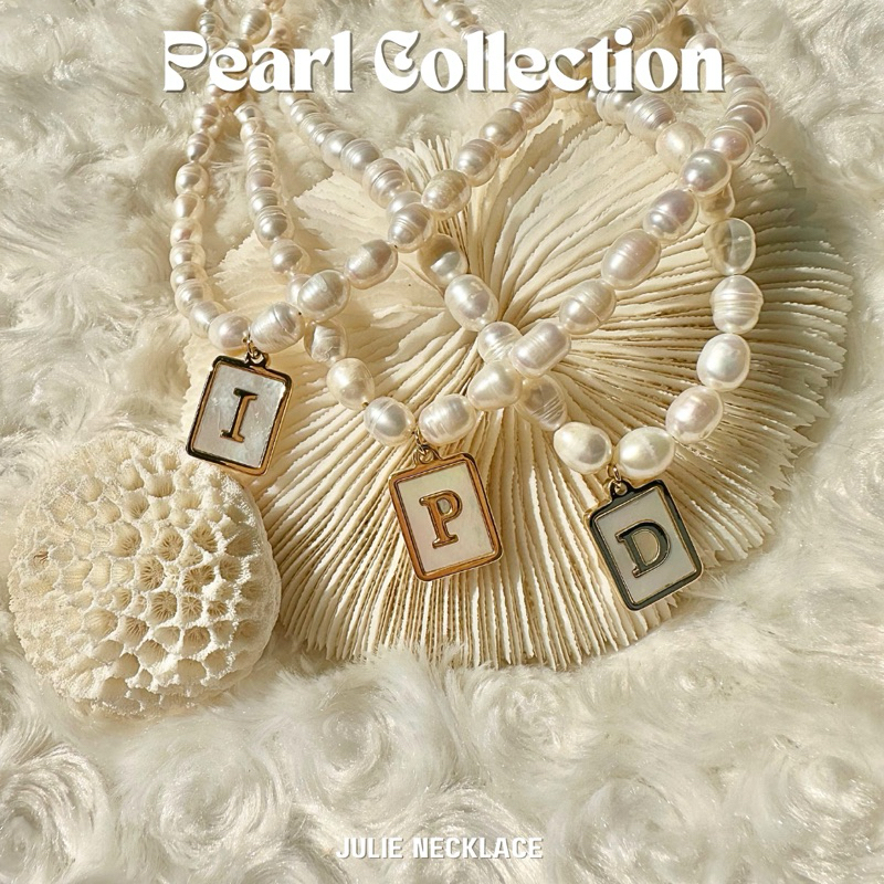 ✨[JULIE NECKLACE ]  สร้อยไข่มุกน้ำจืด จี้ภาษาอังกฤษ ชุบทองคำขาว