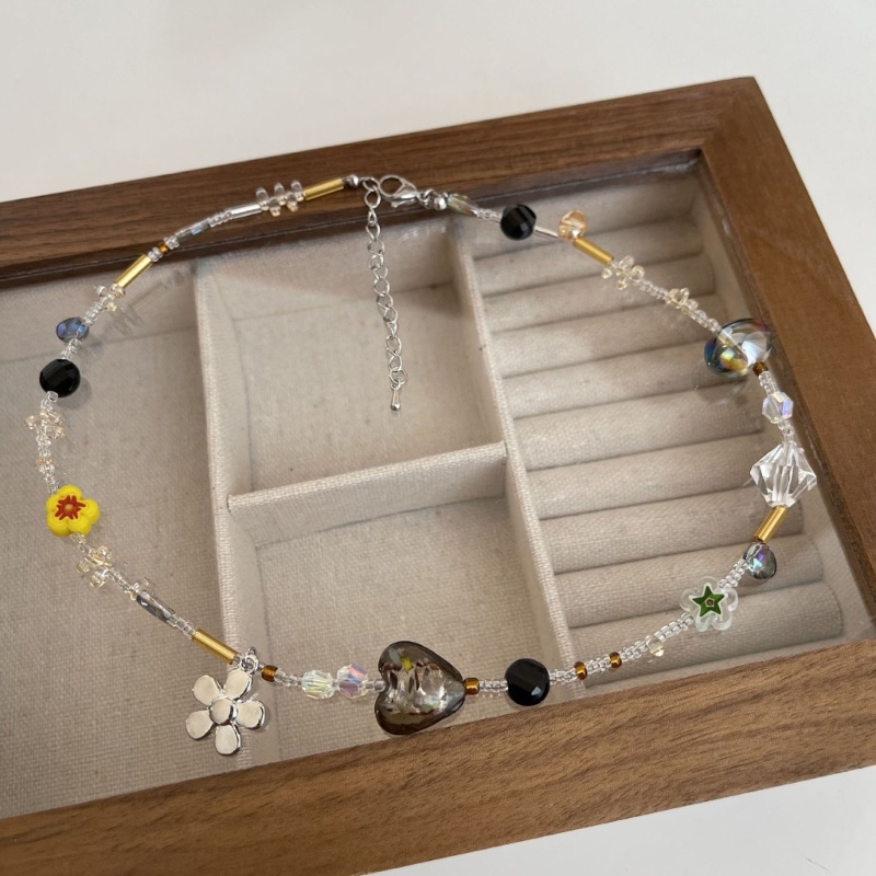 ✿ Flower Necklace for Women Gifts Crystal Gravel Beaded Choker Chain Statement Necklace Cute Choker Jewelry