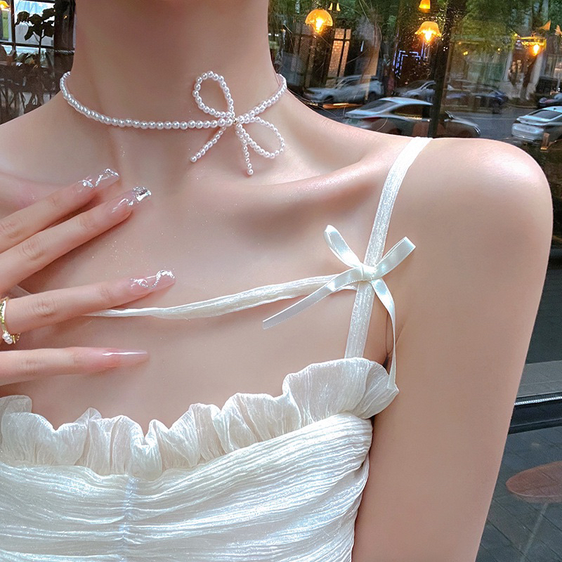 ꒰พร้อมส่ง꒱ สร้อยมุก สร้อยคอมุก ผูกโบว์ โชกเกอร์ ใส่ไปทะเล y2k