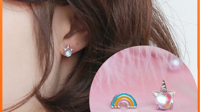 ต่างหูสตั๊ดยูนิคอร์นสายรุ้งเครื่องประดับสำหรับผู้หญิง Earrings Women Jewelry