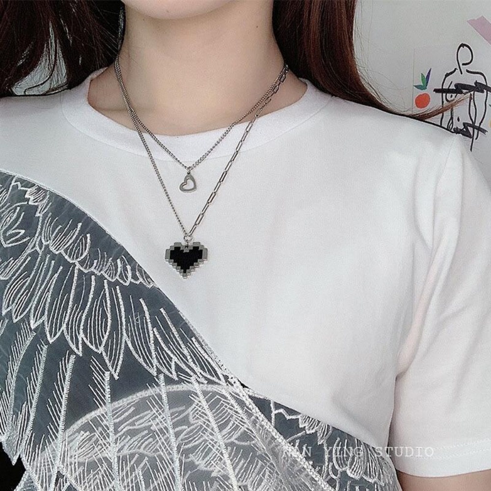 A HELLO GIRL เครื่องประดับสร้อยคอโซ่สองชั้นสไตล์ฮิปฮอปสีดําสําหรับผู้หญิง