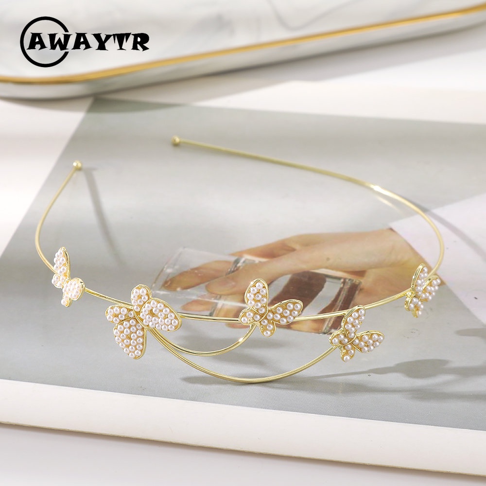 Awaytr ที่คาดผม โลหะผสม ประดับไข่มุก ผีเสื้อ เครื่องประดับ แฟชั่นใหม่ สําหรับผู้หญิง
