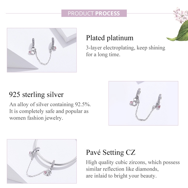 BAMOER 925 Sterling Silver Cat Heart Safety Chain with Silicone Charm