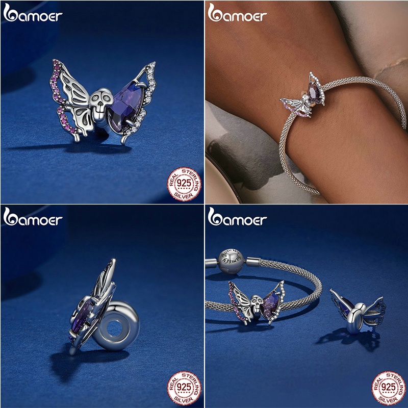 Bamoer ลูกปัดเงินสเตอร์ลิง 925 รูปหัวใจ ผีเสื้อ แมงมุม DIY อุปกรณ์เสริม สําหรับของขวัญฮาโลวีน