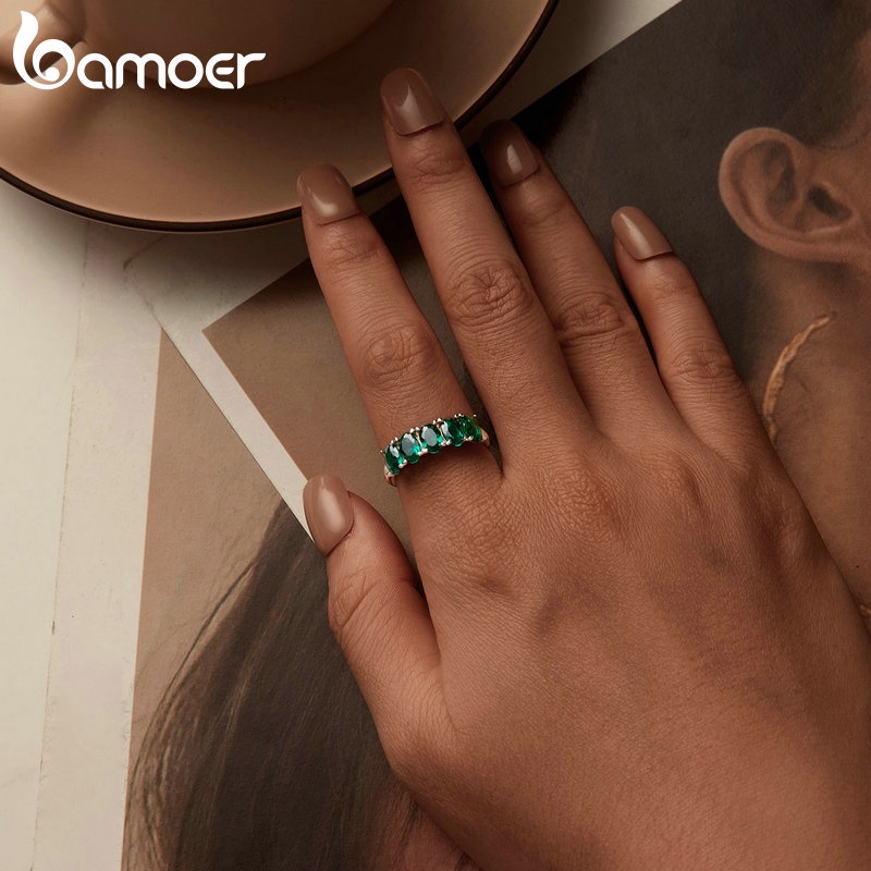Bamoer แหวนเงินแท้ 925 ประดับเพทาย สีเขียว หรูหรา เครื่องประดับแฟชั่น สําหรับผู้หญิง