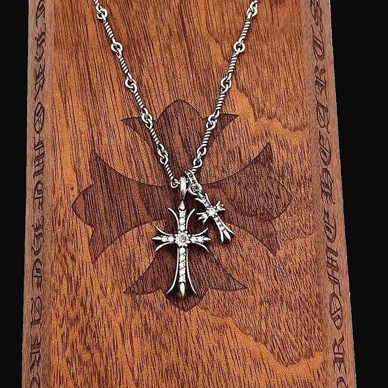 Chrome HEARTS สร้อยคอเงินสเตอร์ลิง 925 จี้ไม้กางเขนคู่ หรูหรา สไตล์พังก์ วินเทจ