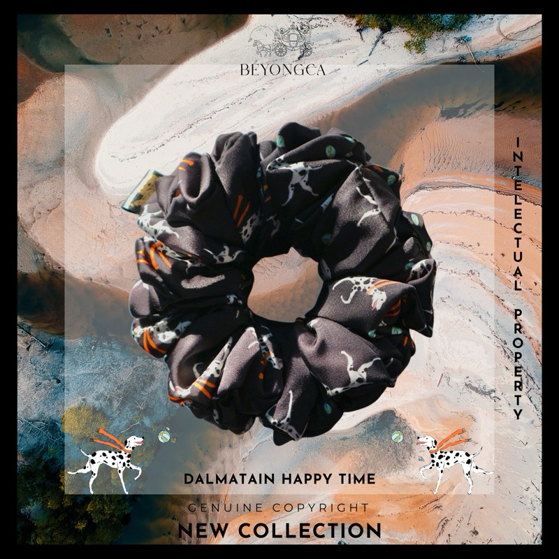 DALMATIAN HAPPY ( C ) ลายลิขสิทธิ์เฉพาะที่ BEYONGCA ผ้าซาตินพรีเมี่ยม SCRUNCHIES RUBBER BRAND หนังยางมัดผม ยางรัดผม