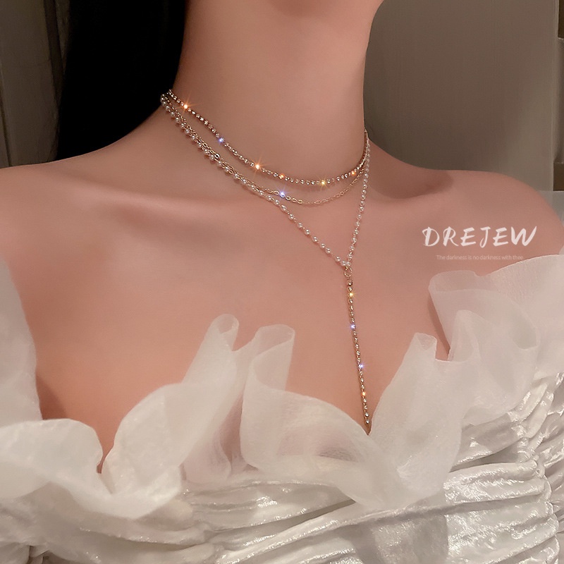 DREJEW แสงหรูหราอารมณ์หลายชั้นแฟลชเพชรสร้อยคอมุกรูปตัว Y โซ่กระดูกไหปลาร้าของผู้หญิง