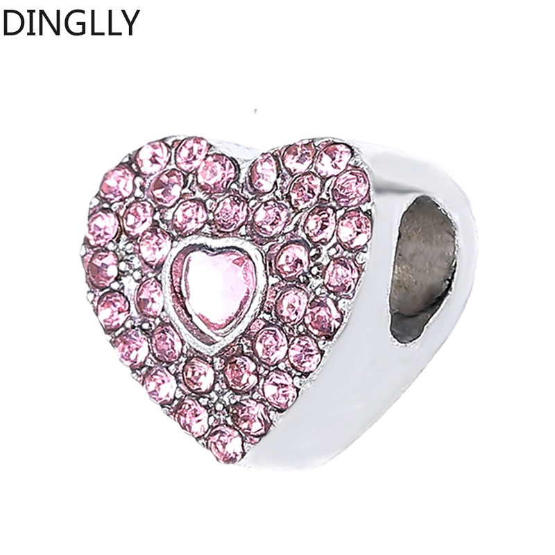 Dinglly ลูกปัดอัลลอย สีเงิน สีชมพู และพลอยเทียม รูปหัวใจ สําหรับทําเครื่องประดับ Diy