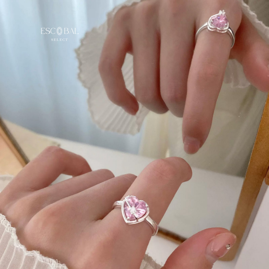 ESCOBAL ประสบความสำเร็จ พร้อมส่ง แหวนเงินแท้ Pink Heart  แหวนเพชรสีชมพู ขายดี สไตล์ใหม่ 2024 ไม่ลอกไม่ดำ