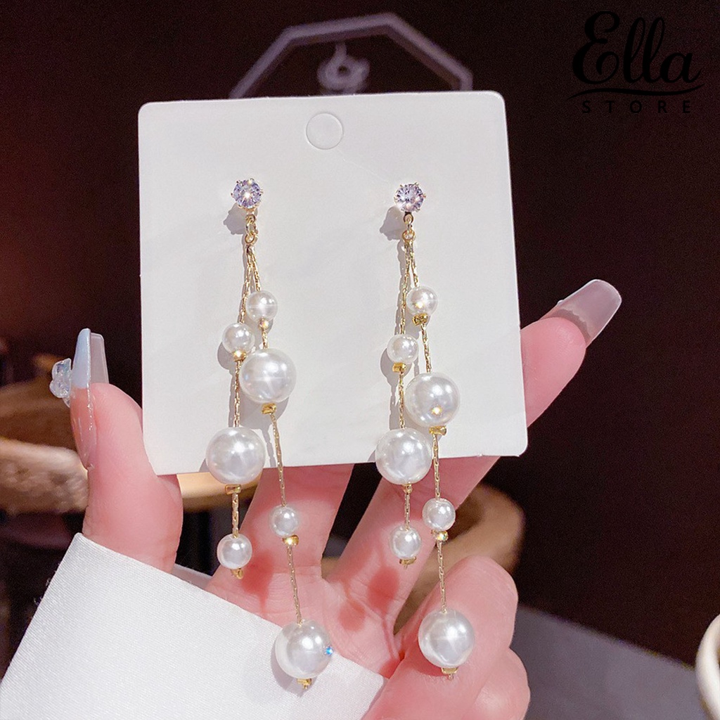 Ellastore123 ต่างหูระย้า รูปโบว์ ประดับไข่มุกเทียม พลอยเทียม 1 คู่