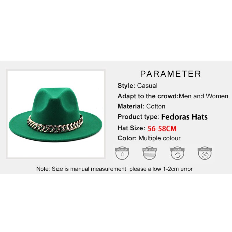 Fedora หมวกปีกกว้าง หนา สายโซ่ สีทอง แฟชั่นฤดูใบไม้ร่วง ฤดูหนาว สําหรับผู้หญิง และผู้ชาย