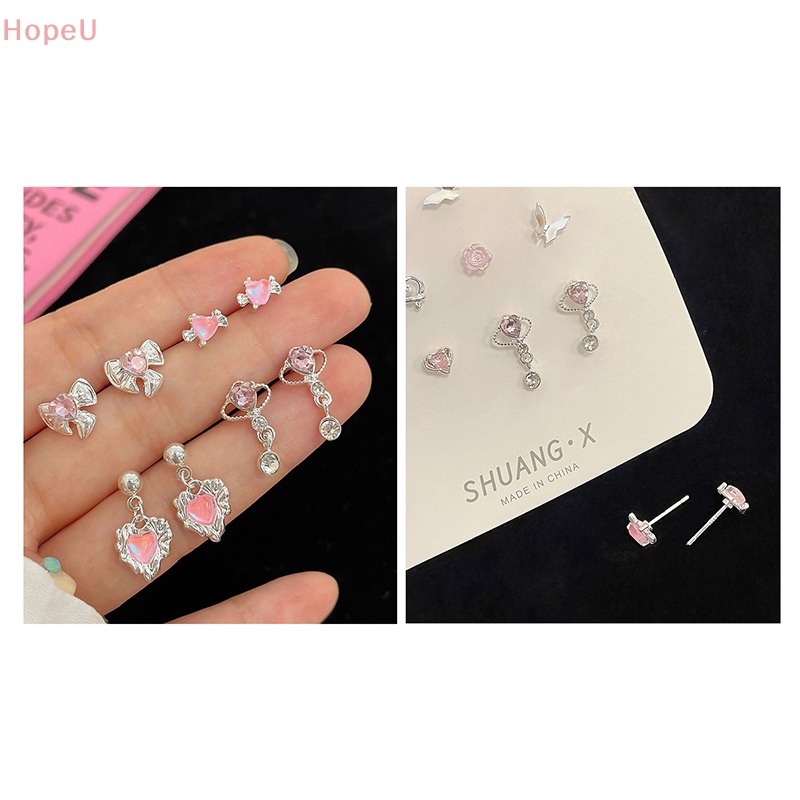 [HopeU] ต่างหูสตั๊ด ประดับเพทาย คริสตัล รูปหัวใจน่ารัก สีชมพู สไตล์เกาหลี 1 ชุด