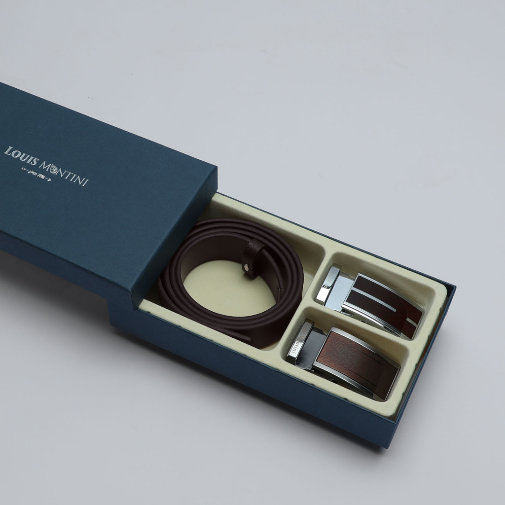 Louis Montini Boxset เข็มขัดหนังแท้ หัวออโต้เมติก 2 หัว ชุดกิ๊ฟเซ็ท Gift Set 2 Buckles Belt LM-BGS
