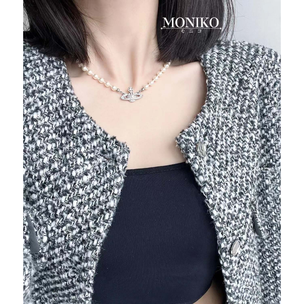 MONIKO สร้อยคอ ประดับลูกปัด ลายดาวเสาร์ สีดํา แฟชั่นสําหรับชาย และหญิง