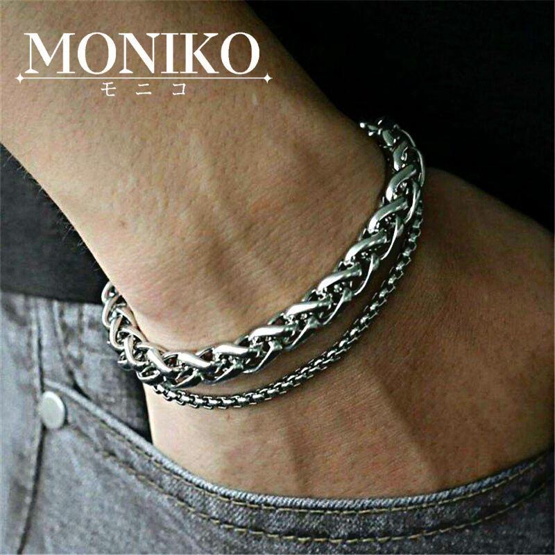 MONIKOสร้อยข้อมือเหล็กไทเทเนียมบุรุษสีเงิน