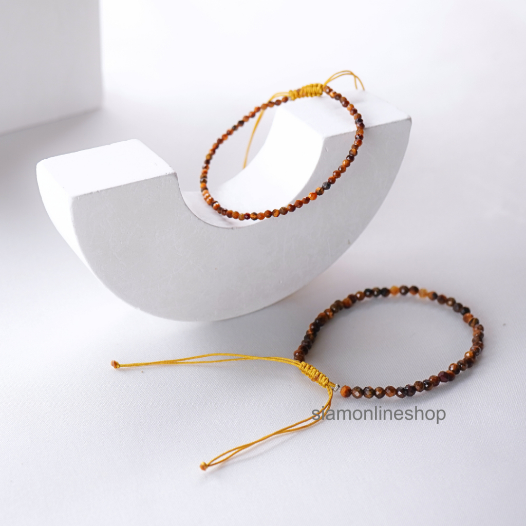 Minimalist bracelet - Faceted Tigereye stone หินไทเกอร์อายแบบเหลี่ยม ขนาด 2,3 มม. สร้อยข้อมือ เชือกถัก by siamonlineshop