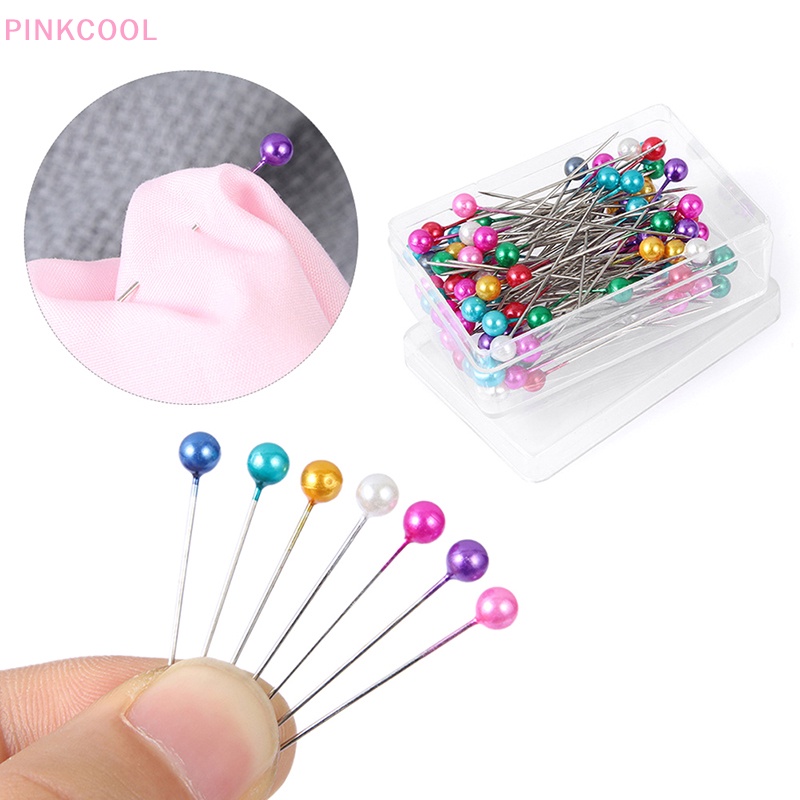 Pinkcool 100 ชิ้น / กล่อง ยาว กลม มุก ฮิญาบ คลิป เข็มกลัด คม โลหะ ฮิญาบ หมุด สําหรับผ้าพันคอ ขายดี