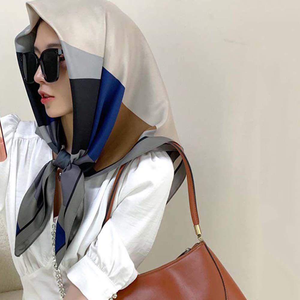 QQMALL Fashion Stripe Silk Scarf Spring summer Neck Wraps Square Large Scarf Headband Foulard Beach  Muffler Bag Belt Decoration Temperament Soft Ladies Shawl Female Scarves