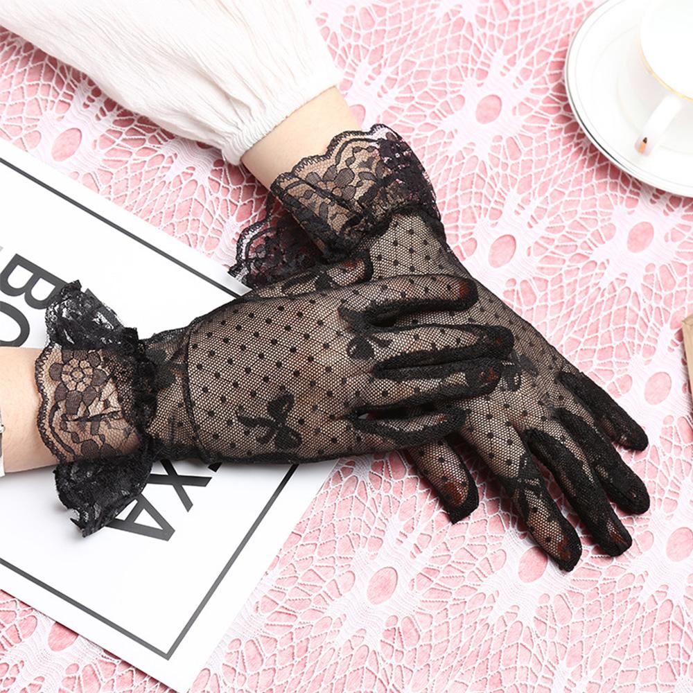 Qqmall ถุงมือตาข่าย สไตล์พังก์ ลูกไม้ โบว์ แบบเต็มนิ้ว ขับรถ ถุงมือลูกไม้ สีดํา สีขาว