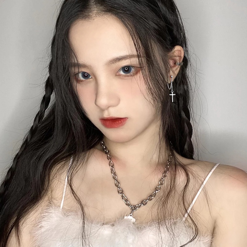 Roselife ต่างหูโซ่ห้อยจี้ไม้กางเขนสีเงินสําหรับผู้หญิง 1 คู่