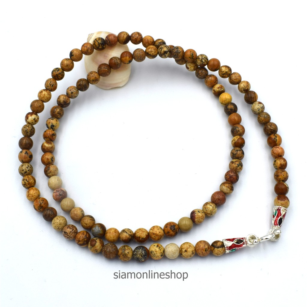 STONE NECKLACE สร้อยคอหินแท้ หินพิกเจอร์ จัสเปอร์ picture jasper ขนาด 5 มม. ตะขอเงินลงยา by siamonlineshop