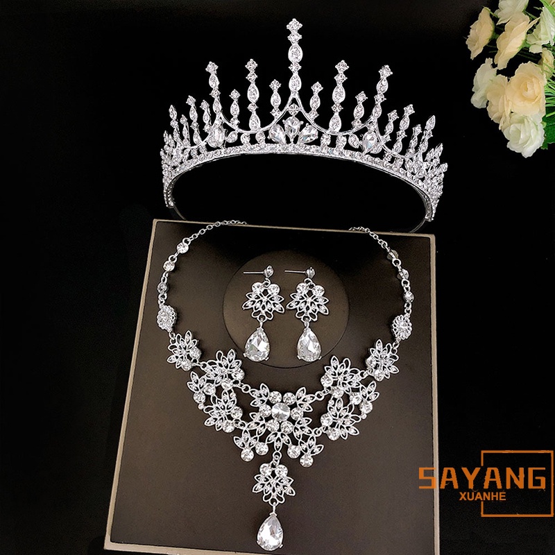 X-H 3pcs/set ชุดมงกุฎเจ้าสาว มงกุฎคริสตัล พร้อมต่างหู แฮนด์เมด หรูหรา สําหรับงานพรอม ปาร์ตี้