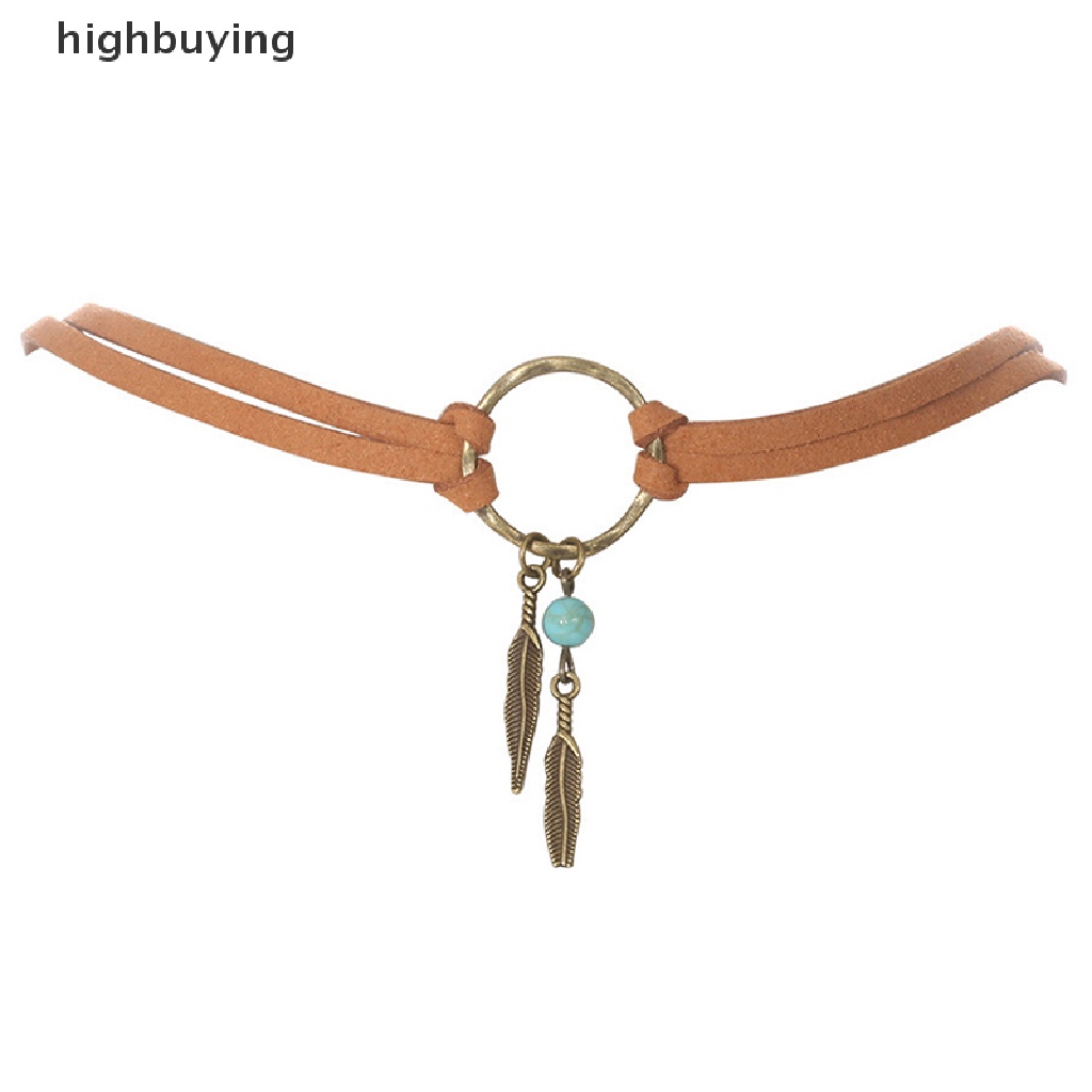 [highbuying] Women Bohemian Choker Boho Feather Bead Pendant Brown Leather Chain Necklace Fashion Lady Jewelry Party Gift New Stock