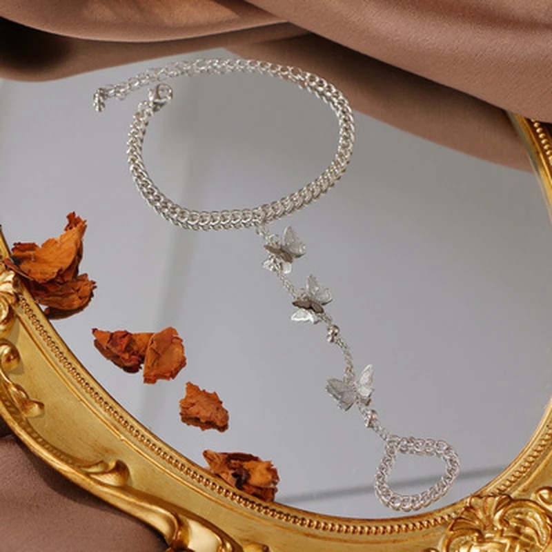 [ของขวัญ] สร้อยข้อมือแหวนนิ้วมือรูปผีเสื้อสไตล์โบฮีเมียนวินเทจสําหรับผู้หญิงและผู้ชาย