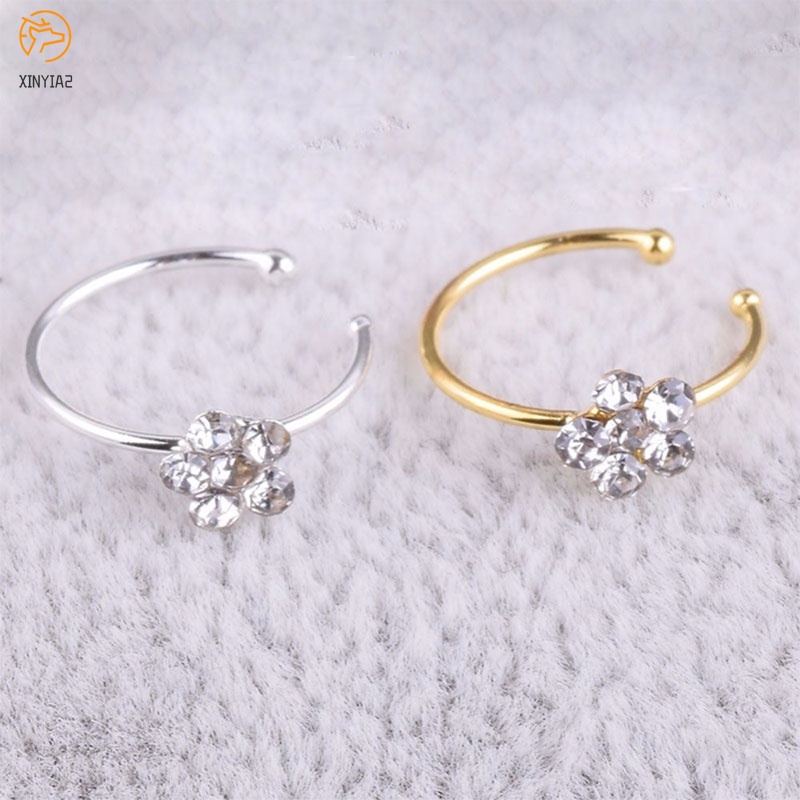 จิวจมูกดอกไม้ปลอมแหวนและกระดุมจมูกคลิปห่วงจมูก Rhinestone 5 Rhinestone