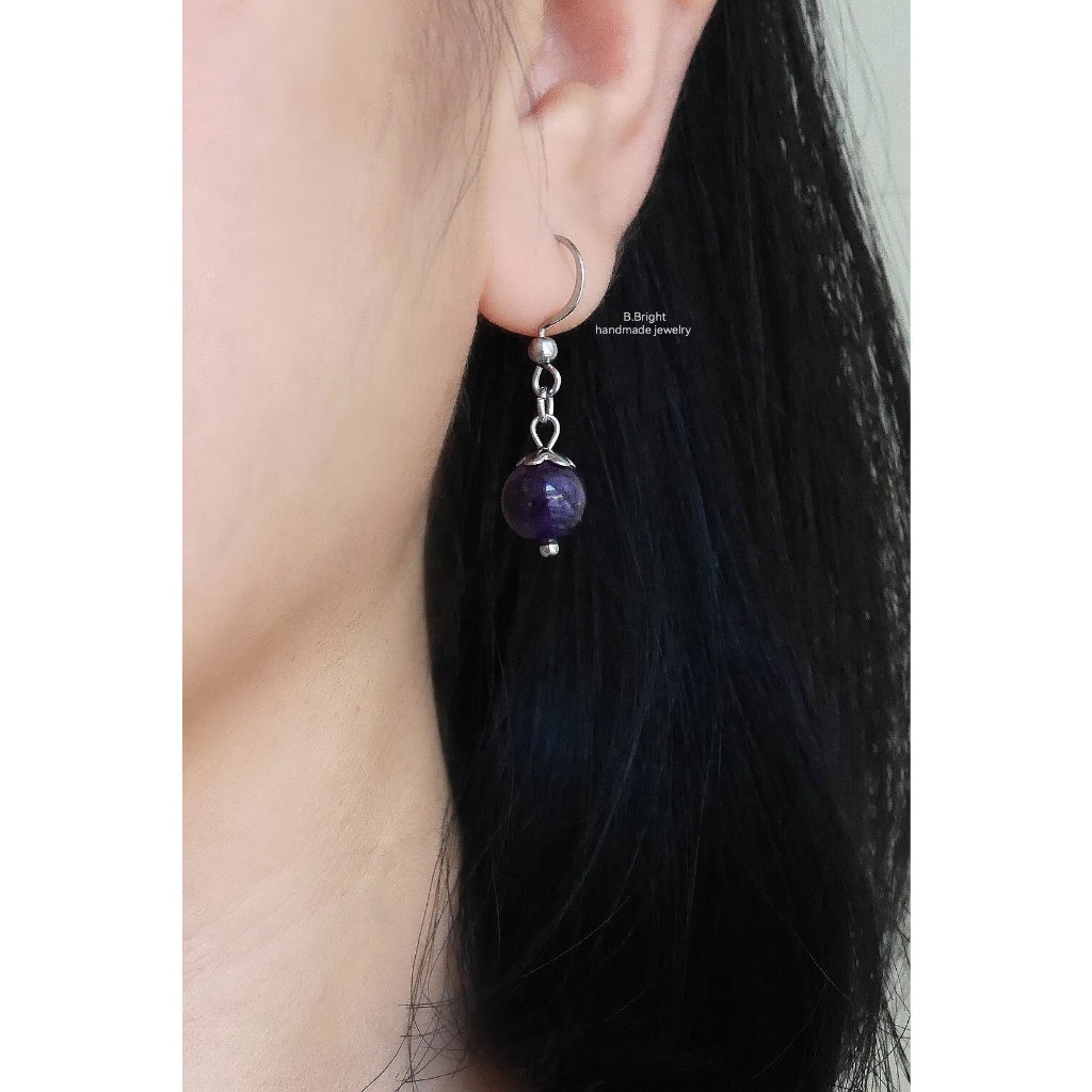 ต่างหูหินอเมทิสต์ (Amethyst) 7.5 - 8 มม. อะไหล่สแตนเลส งานทำมือ 100% พร้อมส่งค่ะ