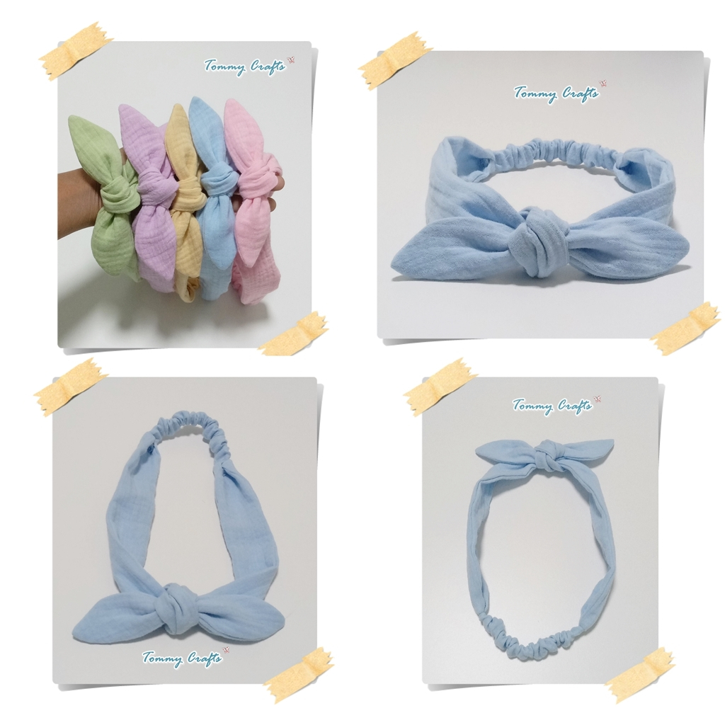 ผ้าคาดผมโบว์ผ้าฝ้ายอัดยับ ไซส์ผู้ใหญ่/เด็ก สีหวาน เขียว/ม่วง/เหลือง/ฟ้า/ชมพู cotton Hairbands