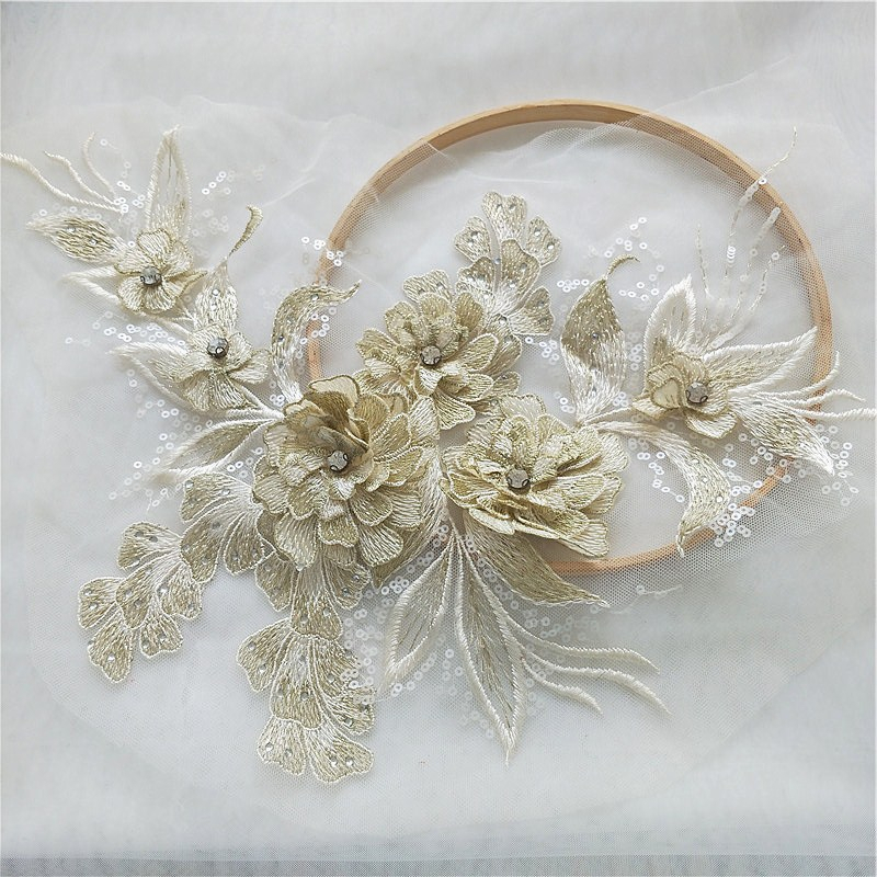 ผ้าลูกไม้ ลายดอกไม้ 3D สําหรับตกแต่งชุดแต่งงาน DIY