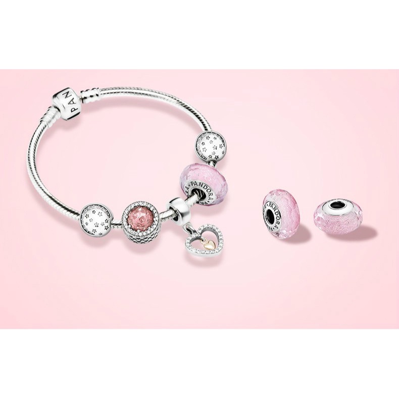 พร้อมส่ง PANDORA สร้อยข้อมือเงิน 925 ประดับกลิตเตอร์ สีชมพู สําหรับผู้หญิง