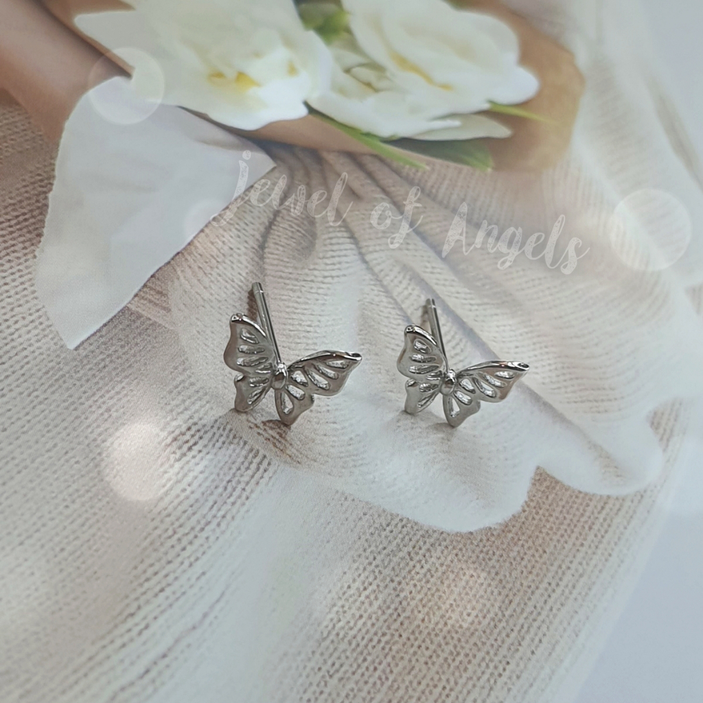 [พร้อมส่ง] ต่างหูก้านเงิน S925 ต่างหูก้านเสียบ รูปผีเสื้อ ลายฉลุ สีเงิน Silver925