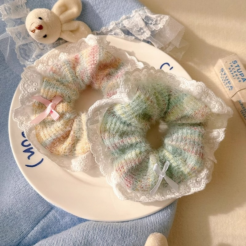 ยางรัดผม ผ้าวูล แต่งลูกไม้ ขนาดใหญ่ สีสันสดใส สําหรับเด็กผู้หญิง