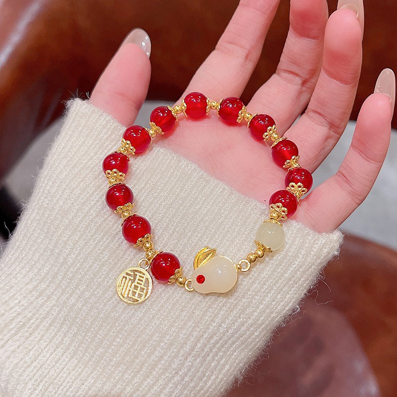 สร้อยข้อมือ ประดับลูกปัดหยก รูปกระต่ายนําโชค สไตล์จีนวินเทจ สําหรับผู้หญิง และคู่รัก