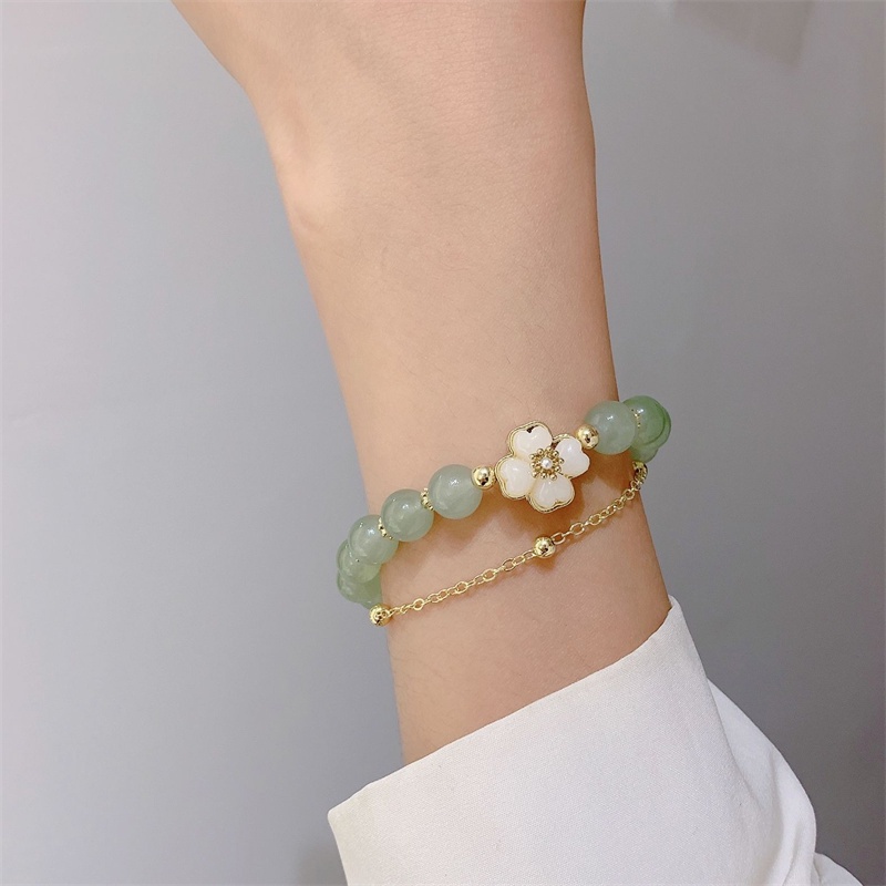 สร้อยข้อมือ ประดับลูกปัดหยกธรรมชาติ ลายดอกไม้ สองชั้น สําหรับผู้หญิง