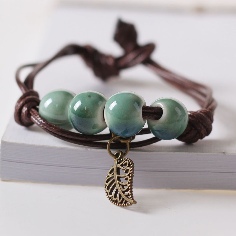 สร้อยข้อมือ เชือกถักเซรามิค ประดับลูกปัดพอร์ซเลน สีสันสดใส สไตล์ชนเผ่า สําหรับผู้หญิง